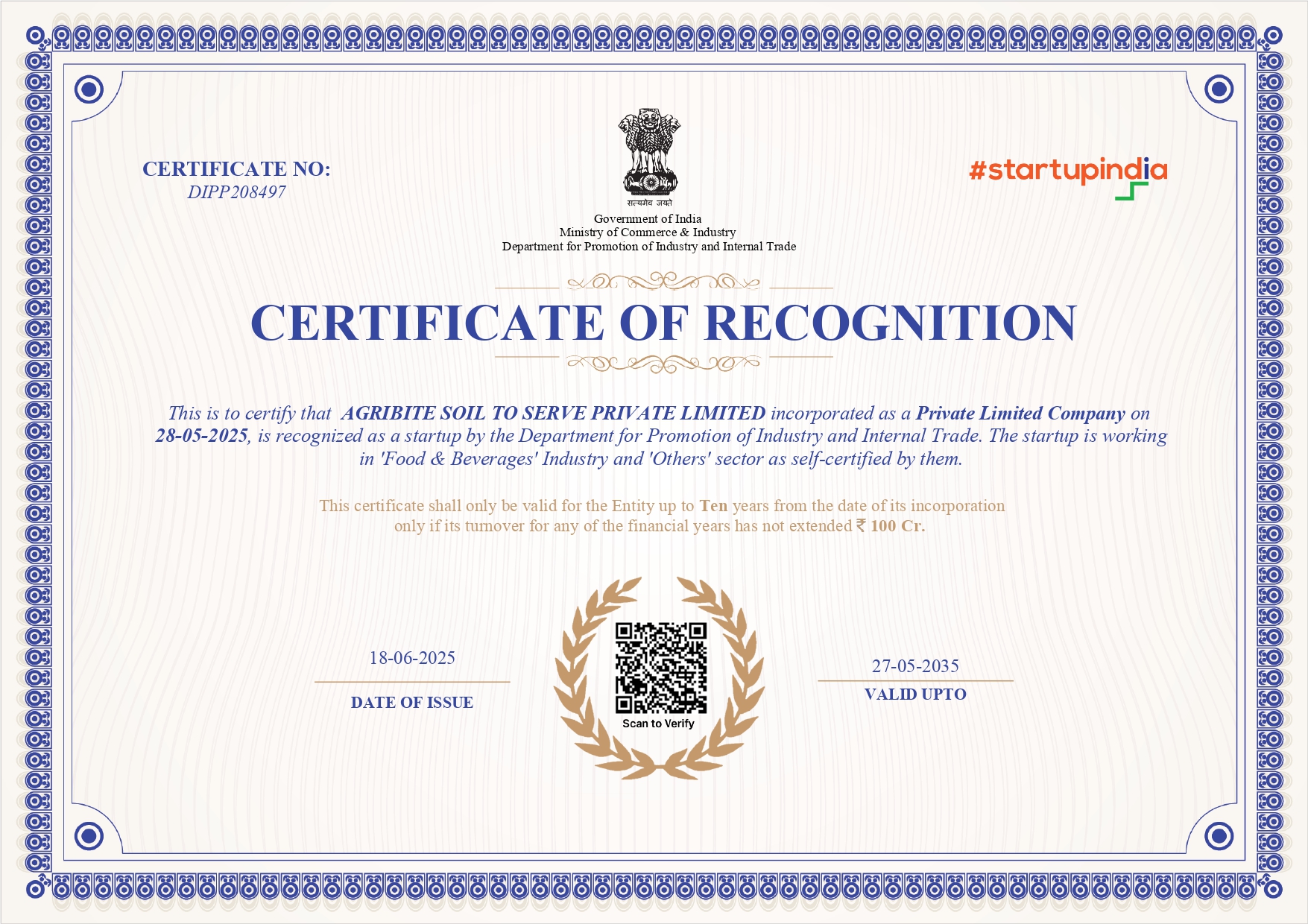 Startup India DPIIT Recognition Soil to Serve