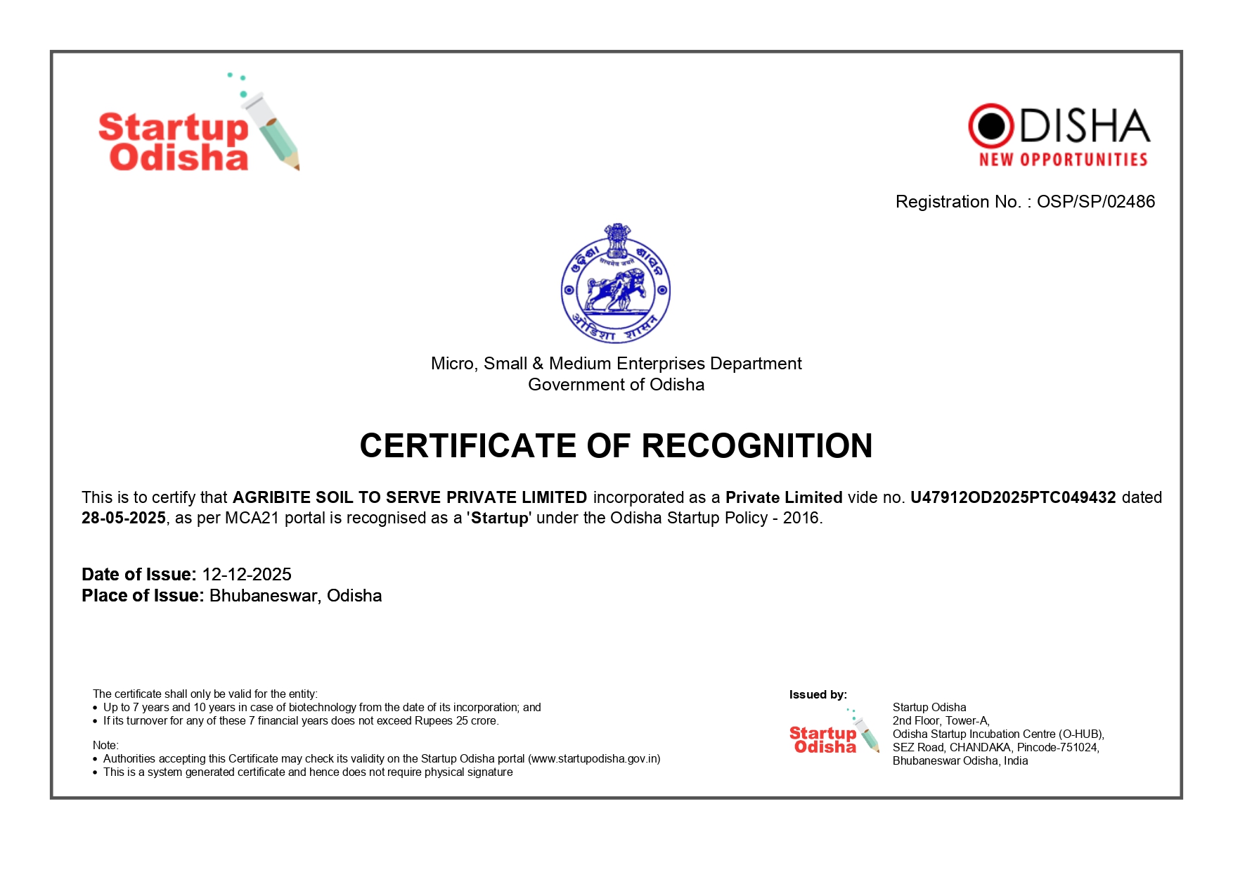 Startup Odisha Recognition Certificate Soil to Serve